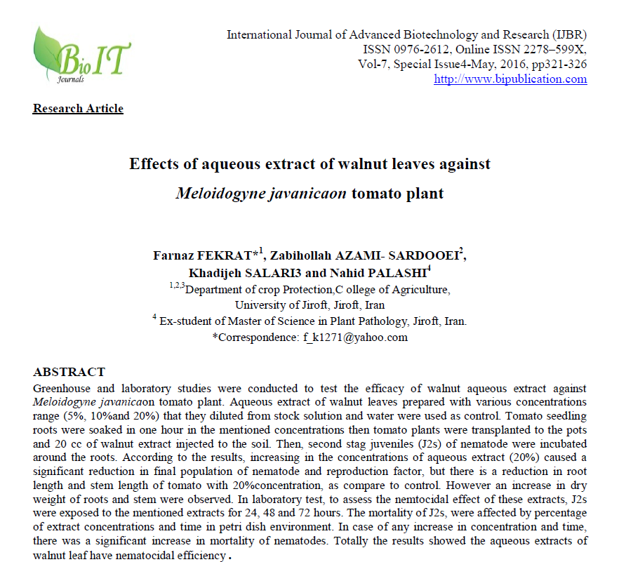 Effects of aqueous extract of walnut leaves against Meloidogyne javanicaon tomato plan