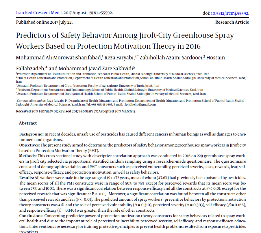 Predictors of Safety Behavior Among Jiroft-City Greenhouse Spray Workers Based on Protection Motivation Theory in 2016