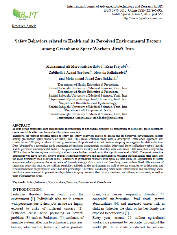 Safety Behaviors related to Health and its Perceived Environmental Factors among Greenhouse Spray Workers, Jiroft, Iran